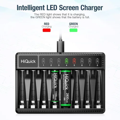 Vista 4 de HiQuick Cargador de batería inteligente de 8 bahías con batería 4AA y 4AAA + 8 pilas recargables AA