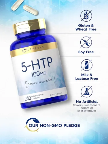 Vista 4 de Carlyle 5HTP 100 mg 240 cápsulas 5 hidroxtriptófano Suplemento sin OMG y sin gluten