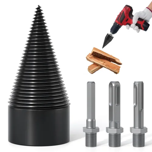 Vista 11 de Juego de brocas divisoras de madera - 3 mangos de perforación, broca divisora de troncos con conos de 32 mm para uso pesado desmontable, juego