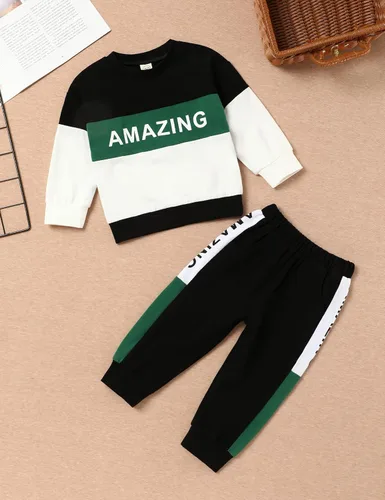 Vista 4 de Menglang Conjunto de sudadera y pantalones de manga larga con letras, ropa para bebé niño para otoño e invierno