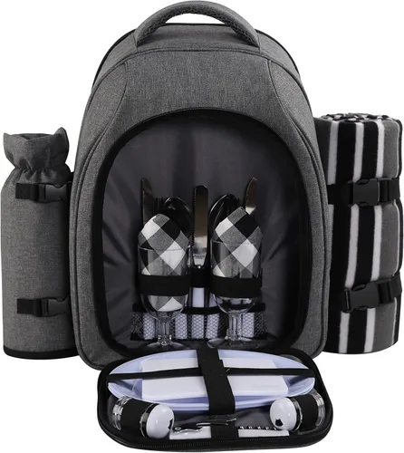 Vista 18 de Apollo Walker - Set de mochila para picnic para 2 personas con compartimiento refrigerado, soporte desmontable para botella/vino, manta de forro