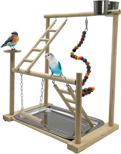 Vista 13 de Hamiledyi Parque de Loros Juguetes de Pájaros Soporte de Madera Ejercicio Perca Gimnasio con Tazas Alimentadoras Juguetes para Cacatúas con Escalera