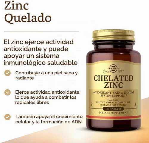 Vista 3 de Solgar Zinc quelado, 100 tabletas - Zinc para una piel sana - 100 porciones Embalaje sin frustraciones