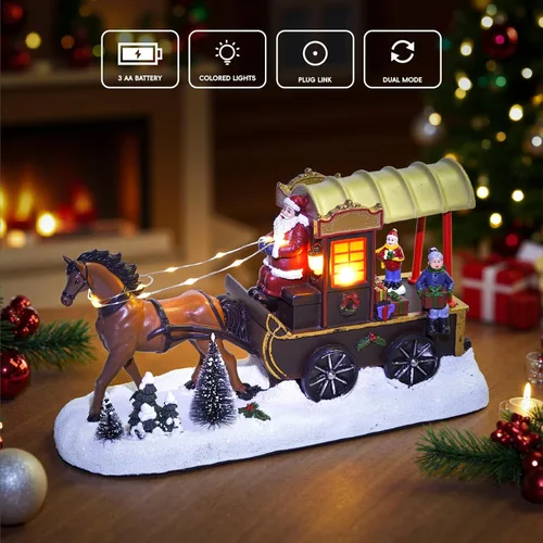 Vista 3 de Accesorios de pueblo navideño, carruaje dibujado por caballos, edificios coleccionables con 8 canciones y luces LED, figuras coleccionables