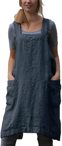 Vista 11 de YESDOOD Delantal de lino de algodón con espalda cruzada para mujer, con bolsillos, vestido para hornear y cocinar