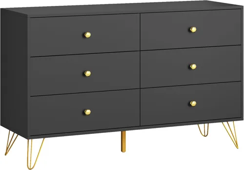 Vista 6 de Cómoda negra para dormitorio, cómoda de 6 cajones con cajones anchos y asas de metal dorado, cómoda de madera moderna para sala de estar, pasillo