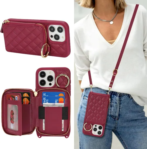 Vista 24 de Funda tipo cartera con bandolera para iPhone 15 Pro Max, funda de piel sintética con cierre de cremallera, funda tipo atril con ranuras