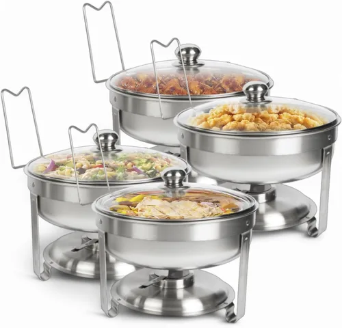 Juego de Platos de Roce Alpha Living de 4 – Juego Completo de Platos de Roce de Acero Inoxidable con Tapas de Vidrio, Portacombustible para