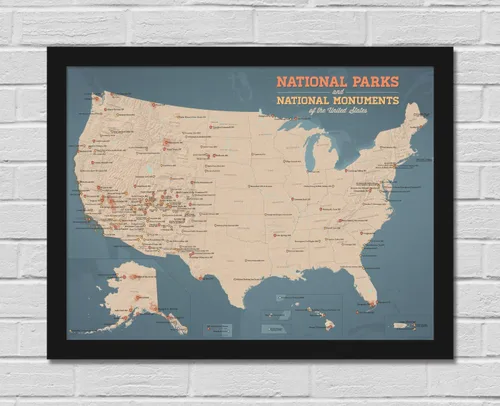 Vista 8 de Póster de mapa de parques y monumentos nacionales de EE. UU., 18 x 24 pulgadas, color marrón y azul pizarra