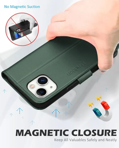 Vista 4 de SHIELDON Funda para iPhone 14 5G 2022, piel auténtica para iPhone 14 con función atril, bloqueo RFID, tarjetero magnético a prueba de golpes