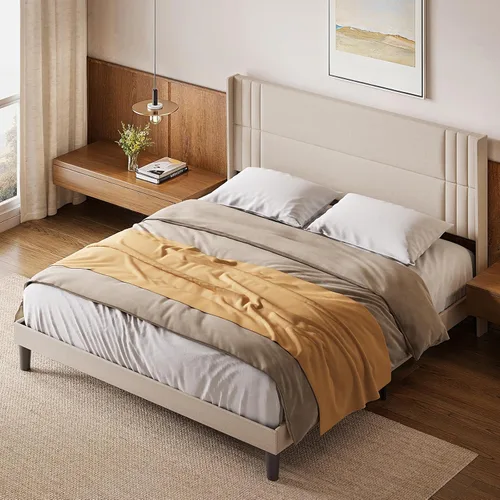 Vista 82 de Gizoon Base de cama matrimonial con cabecera de ala, plataforma tapizada con cabecera geométrica moderna, listones de madera, sin ruido, no necesita