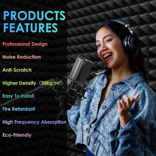 Vista 6 de Paquete de 36 paneles de espuma autoadhesivos a prueba de sonido, paneles acústicos de 2 x 12 x 12 pulgadas de alta densidad, espuma acústica