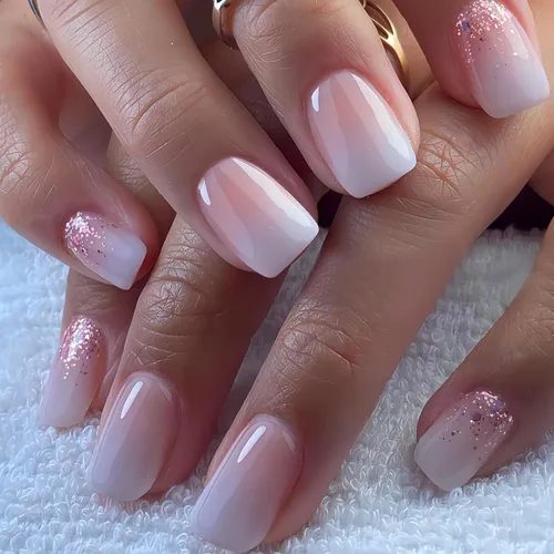 Vista 51 de Uñas postizas cortas cuadradas MABKJLF, uñas francesas falsas con gradiente, uñas de cobertura completa, flores blancas, uñas falsas con diseños