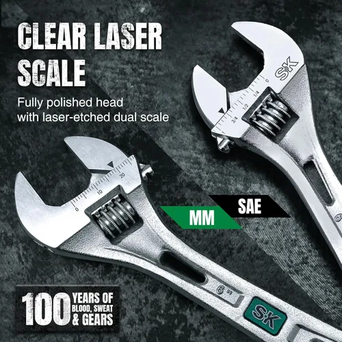Vista 3 de SK Llave ajustable de 6 pulgadas, capacidad de mandíbula de 15/16", acero Cr-V, SAE y básculas métricas