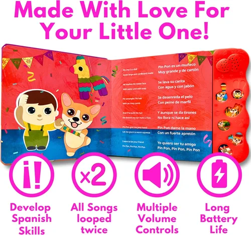 Vista 3 de Coco Learns Spanish Vol. 1 - Libro interactivo de tablero de sonido para niños pequeños de 1 a 3 años, canciones y música bilingües en inglés