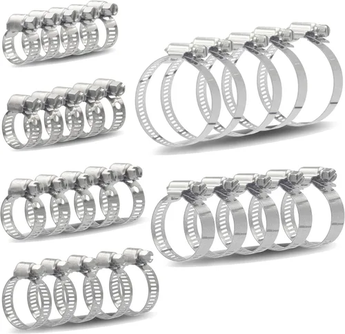 ISPINNER Juego de 30 abrazaderas de manguera 6-51mm (1/4"-2") Ajustable 304 Acero inoxidable Engranaje de gusano Abrazaderas de manguera 6 tamaños
