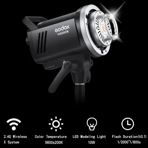 Vista 2 de Godox MS200-V MS200V 200W - Luz estroboscópica compacta de estudio, GN53 0.1-1.8S Tiempo de reciclaje, sistema 2.4G X, montaje Bowens con lámpara