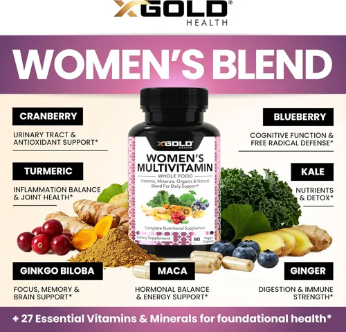 Vista 3 de Multivitamínico diario vegano para mujer 50 Plus con ingredientes naturales orgánicos a base de alimentos integrales, jengibre, maca, complejo