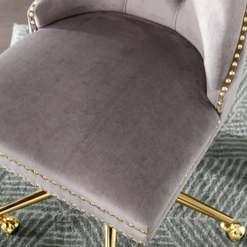 Vista 9 de Polibi Silla de oficina giratoria, silla tapizada de terciopelo sin brazos con base de metal dorado, silla de escritorio ajustable, botón