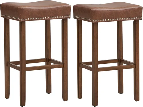 Vista 40 de Giantex Juego de 2 taburetes de bar de 24 pulgadas en forma de silla de montar, taburetes de cuero sintético con reposapiés, taburetes de bar