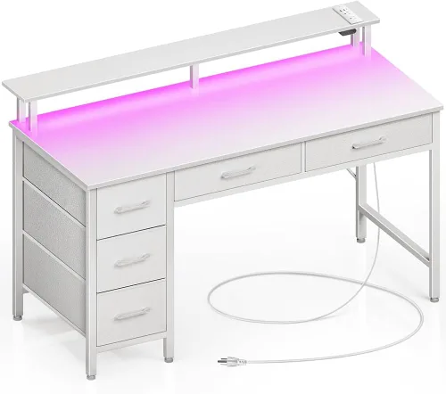 Vista 8 de Seventable Escritorio de Computadora con Tomas de Corriente y Luz LED, Escritorio de Oficina en Casa de 39 Pulgadas con 5 Cajones, Escritorio