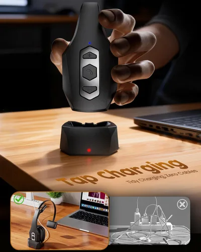 Vista 7 de Auriculares Bluetooth Trucker con base de carga, auriculares inalámbricos manos libres con micrófono de cancelación de ruido y botón de silencio