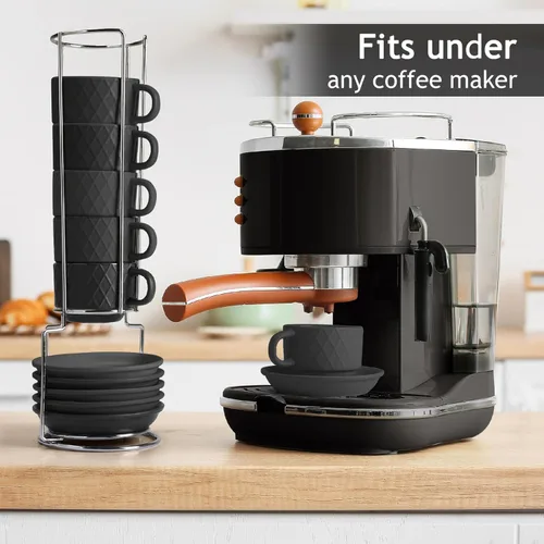 Vista 5 de MIAMIO - 6 tazas de café expreso de gres de 2.5 onzas, juego moderno de tazas con soporte y platillos - Colección Palmanova (negro)