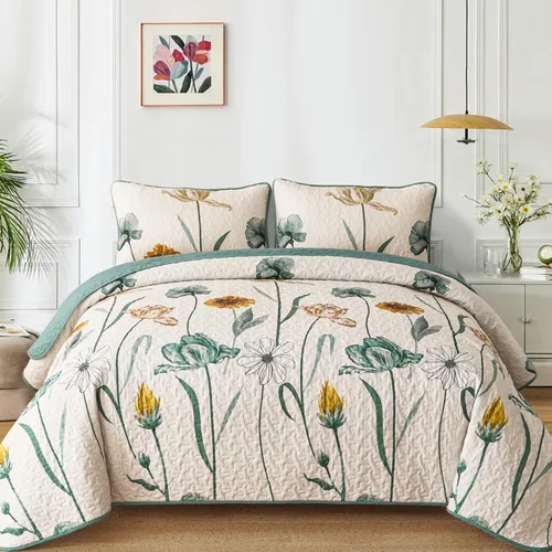 WONGS BEDDING - Juego de edredón floral tamaño Queen, edredón botánico verde y amarillo con 2 fundas de almohada, juego de ropa de cama ligera de
