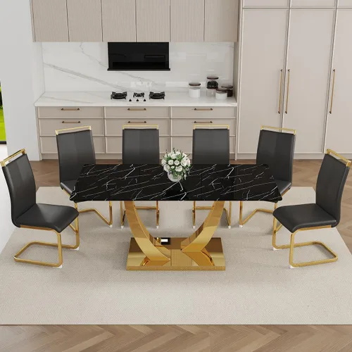 Vista 3 de Juego de Mesa de Comedor Negra para 6, Mesa de Comedor de Mármol Falso de 71" para 6, Juego de Mesa de Cocina Rectangular con Sillas de Cuero PU