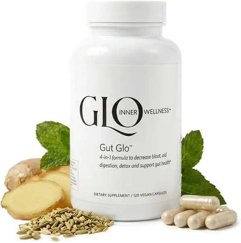 Gut Glo - Alivio natural de la hinchazón, la salud intestinal, la digestión y el estreñimiento 4 en 1 probiótico, enzima digestiva, magnesio y
