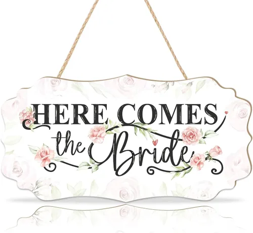 CHDITB Letrero colgante de madera con temática de boda (12 x 5 pulgadas), colorido letrero de novia con ramo de flores de rosas, letrero rústico