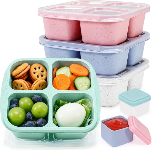 Vista 9 de Caperci Recipientes para aperitivos con 4 compartimentos (paquete de 4) con 2 tazas de salsa a prueba de fugas, recipientes divididos reutilizables