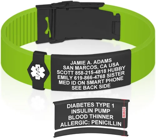 Vista 288 de Divoti Pulsera de identificación de alerta médica grabada personalizada, grabado láser de doble cara, pulsera de silicona, cierre de seguridad