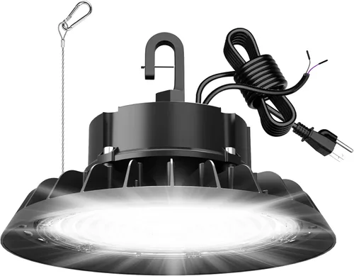 UFO - Luz LED de alta bahía de 100 W, luces LED de alta bahía de 14,000LM, 0-10 V, regulable, cable de 6 pies con enchufe estadounidense, gancho