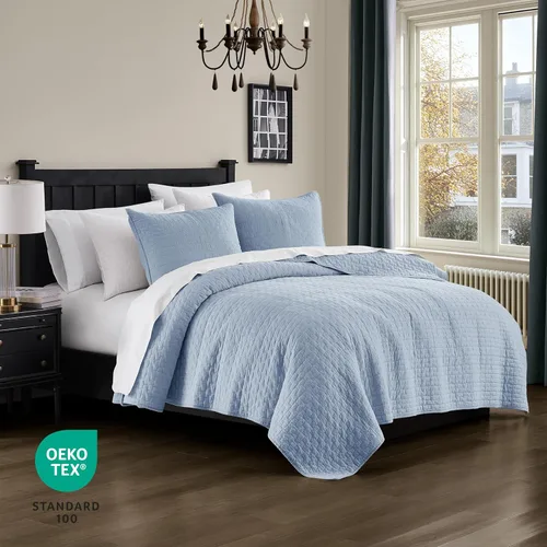 Vista 3 de palassio - Juego de ropa de cama, 100% algodón, tamaño individual, 1 fundas de almohada, colcha ligera texturizada, estilo chic desgastado, suave