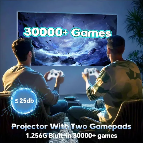 Vista 5 de Proyector y juego P30 Max con 2 controladores inalámbricos, consola de videojuegos con juegos retro, más de 15000 juegos, 4k Smart Plus HD Auto