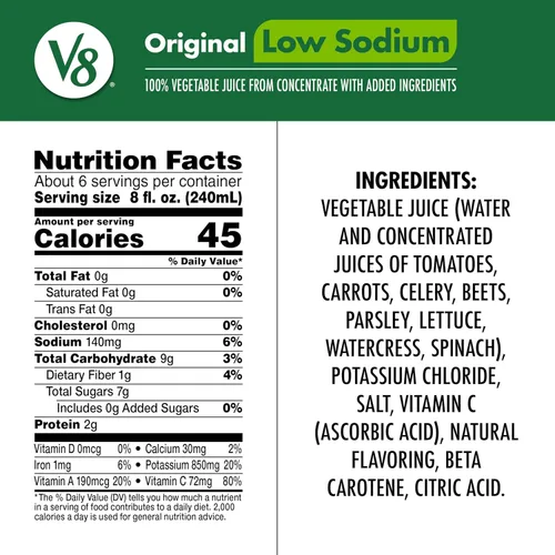 Vista 2 de V8 Jugo de verduras original bajo en sodio, 100% vegetal, botella de 46 onzas líquidas