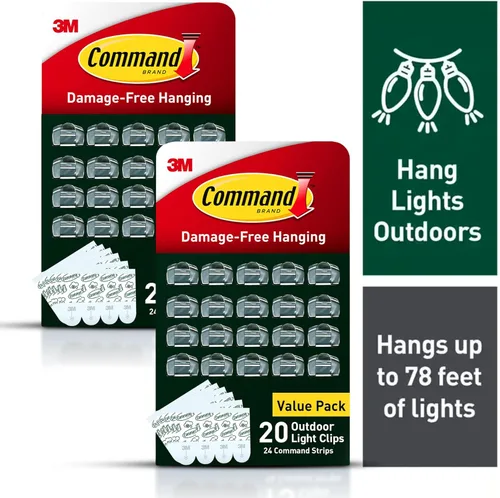 Vista 2 de Command - Clips para luces de exterior, 40 transparentes y 48 tiras, suspensión sin daños con tiras resistentes al clima, clips de pared para colgar