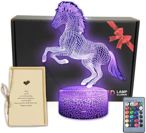 TriPro Luz nocturna de caballo 3D, lámpara de ilusión LED de 16 colores con control remoto y táctil, lámpara de mesa acrílica de animales salvajes