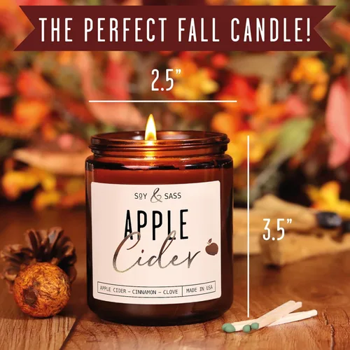 Vista 6 de Vela de Sidra de Manzana, Velas de Otoño Sidra de Manzana, Canela y Nuez Moscada - Infundida con Aceites Esenciales Vela Aromática de Sidra