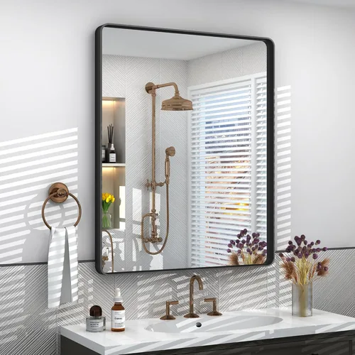 Vista 50 de Espejo rectangular para pared de baño de 20x30 pulgadas con marco negro mate, espejo de tocador con esquinas redondeadas, espejo de baño de metal