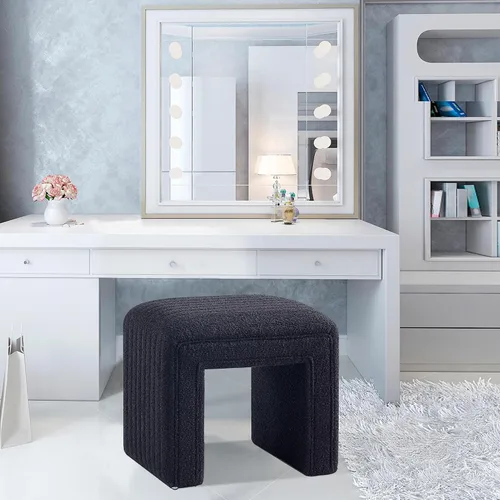 Vista 7 de Get Set Style Taburete de tocador, moderno taburete otomano de lino con patas de madera, sofá banco, reposapiés, asiento adicional para tocador
