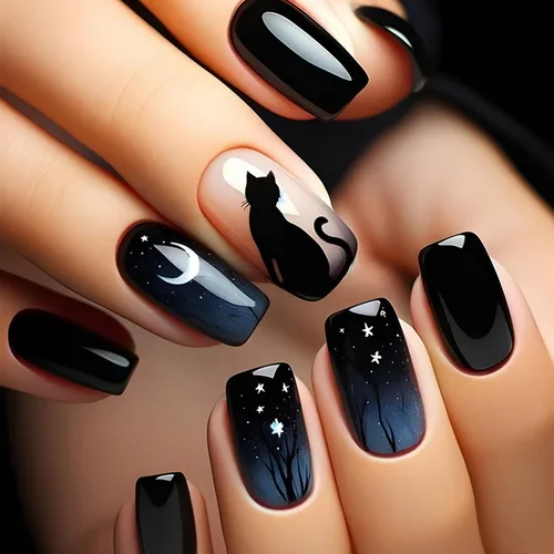 Uñas postizas a presión de Halloween, uñas postizas cuadradas cortas con diseños de gato negro, acabado degradado brillante, cobertura completa,