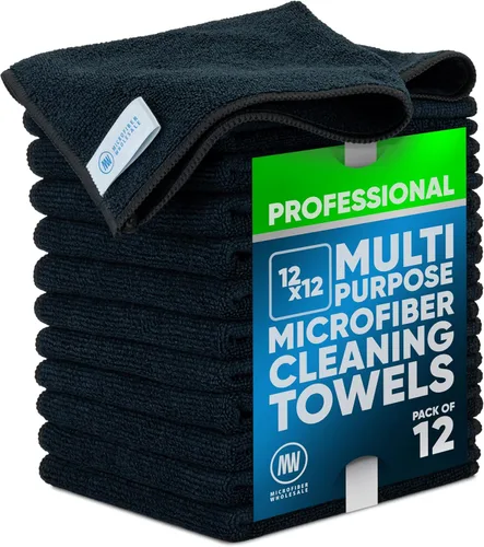 Paños de limpieza de microfibra Pro multisuperficie de 12 x 12 pulgadas | Negro - Paquete de 12 | Toallas de microfibra premium para limpiar vidrio,