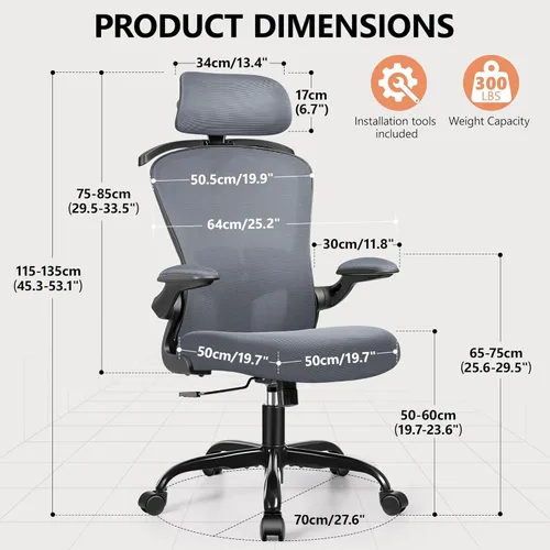 Vista 9 de FelixKing Silla de oficina ergonómica con reposacabezas, computadora de respaldo alto con soporte lumbar ajustable y ruedas, giratoria ejecutiva