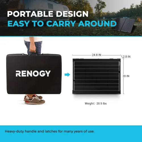 Vista 4 de Renogy - Panel solar portátil de 100 vatios y 12 voltios con controlador de carga impermeable de 20 A, maletín solar plegable de 100 W con soporte