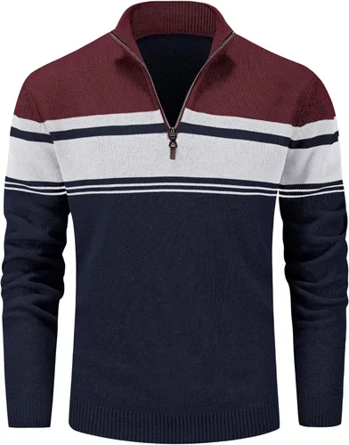 MAGCOMSEN Suéteres para hombre con cremallera de 14, casuales, a rayas, suéteres tipo polo para otoño e invierno