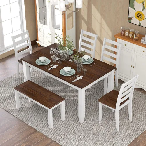Vista 11 de Juego de mesa de comedor de 6 piezas estilo granja, mesa rectangular con soporte y 4 sillas tapizadas y banco, juego de muebles de cocina