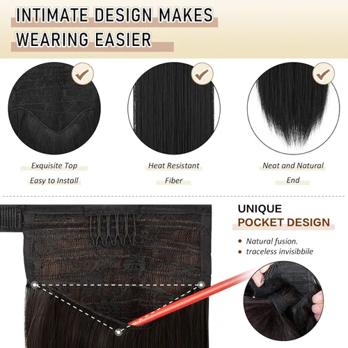 Vista 6 de Sofeiyan - Extensión de cola de caballo larga, cabello lacio sintético, extensión con clip envolvente para mujer