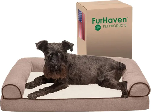 Vista 17 de Furhaven Cama para perro, de espuma viscoelástica, estilo sofá, Sherpa y chenilla, café, M